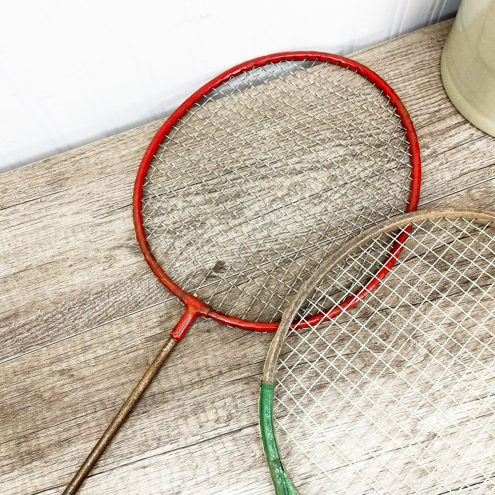 Vintage Badminton Racket Set Regent Scorpion Red Wood Metal Sports Decor 3pc - Picture 9 of 12